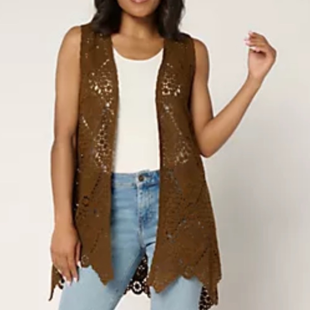 Susan Graver Passport Dark‎ Brown Open Front Knit Vest. Medium/Large. NWOT.